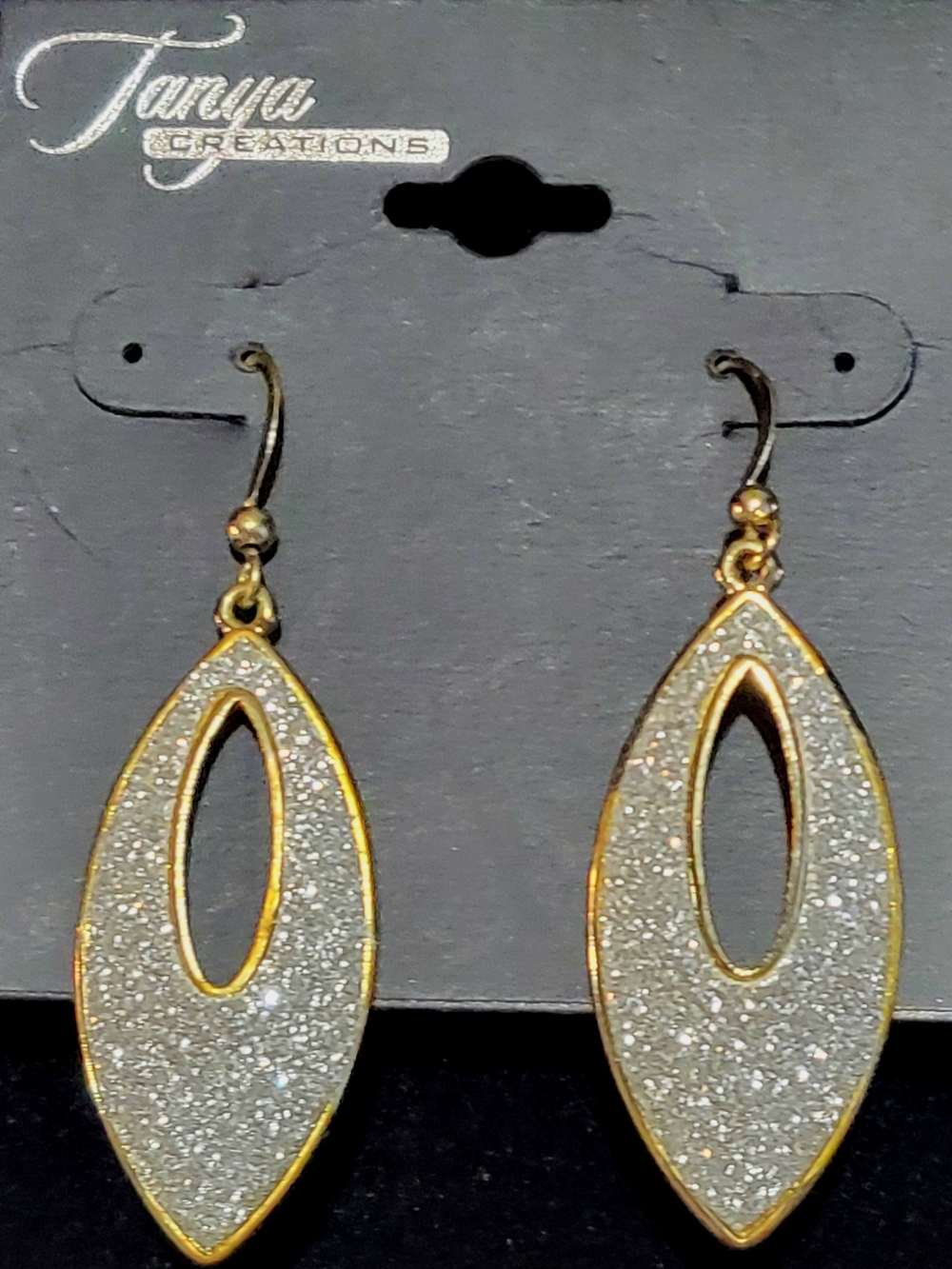 Tanya Creations Gold Tone Silver Glitter Marquise Dangle Earrings